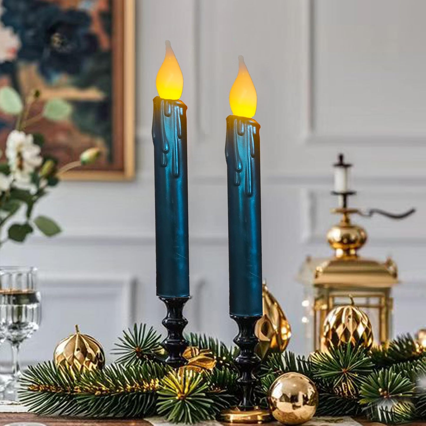 LINCOUNTRY Black Flameless Taper Candles with Timer, Real Wax Set of 2 Battery Operated LED Flickering Candlesticks, 6.75" Halloween Christmas Wedding Fireplace Decor