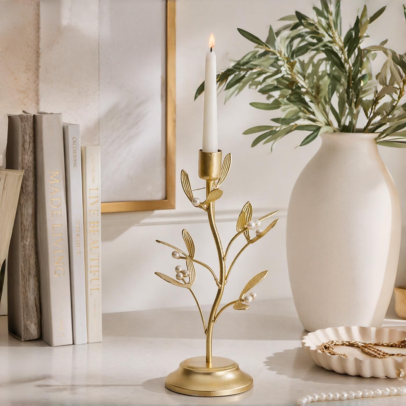 Candle Stick Holder Table Decor - Elegant Golden Metal Mistletoe Candle Holder Decorative for Coffee Gold for Living Room Symbol of Love and Life Flower Gifts 4.6 x 4.6 x 10 Inch Guichifun