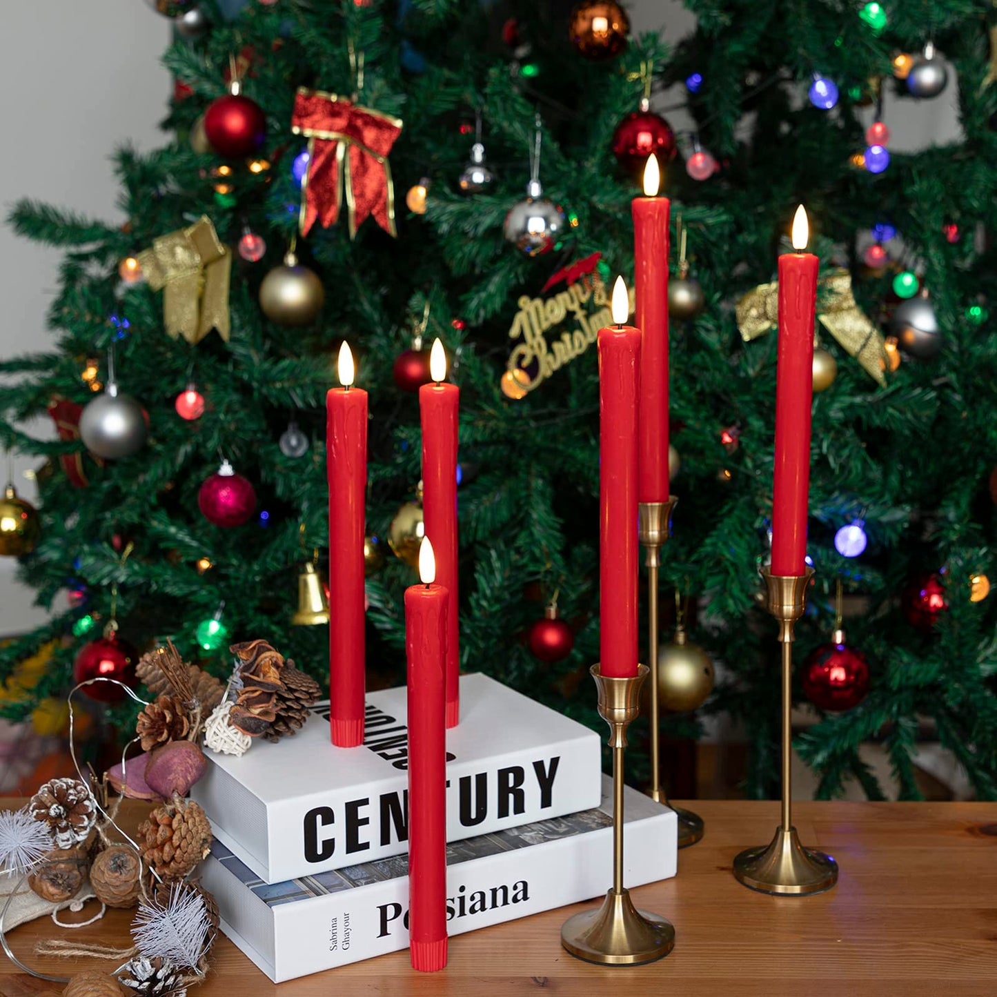 JOIONE Flameless Taper Candles with Remote Timer, 9.6" Red Real Wax Flickering Battery Operated Warm Light Electric LED Candle, Perfect for Christmas Party Wedding Decoration (6 Pack)