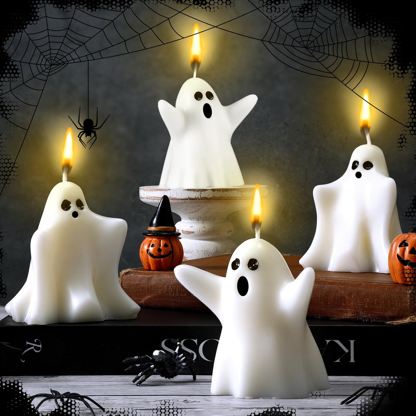 Minatee 4 Pieces Large Halloween Ghost Candles Ghost Spooky Decor Burning White Scented Wax Candles Gifts for Boo Basket Stuffers Halloween Room Table Indoor Decorations, 2 Style