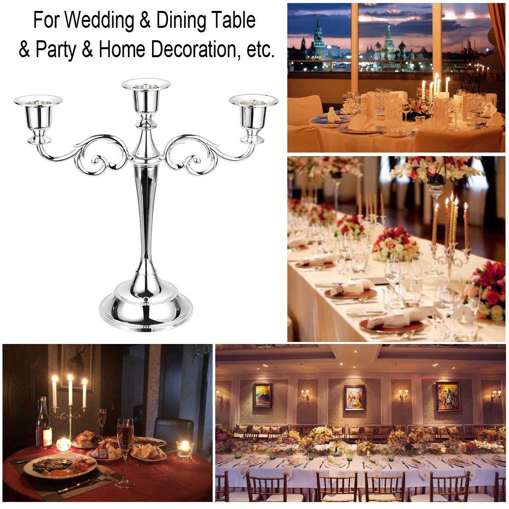 OwnMy 3 Arms Metal Candelabra Candlestick Silver European Elegant Candle Holder Candle Stand for Wedding Dining Table Christmas Party Home Decoration (Silver Tone)