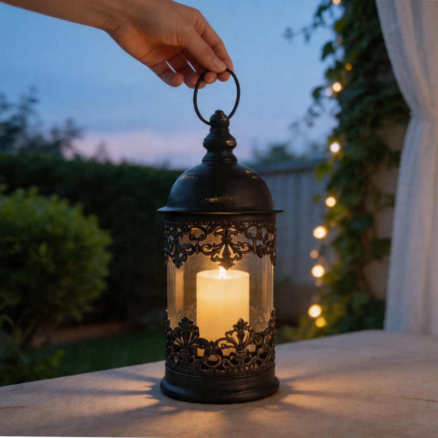 HiSnug Candlestick Holders with Flameless Candles - Gothic Vintage Hurricane Candle Holder, Portable Wind Lamp Barn Lantern Suspended Candleholders for Table Shelf Balcony Eaves, 2PCS, S+L, Black
