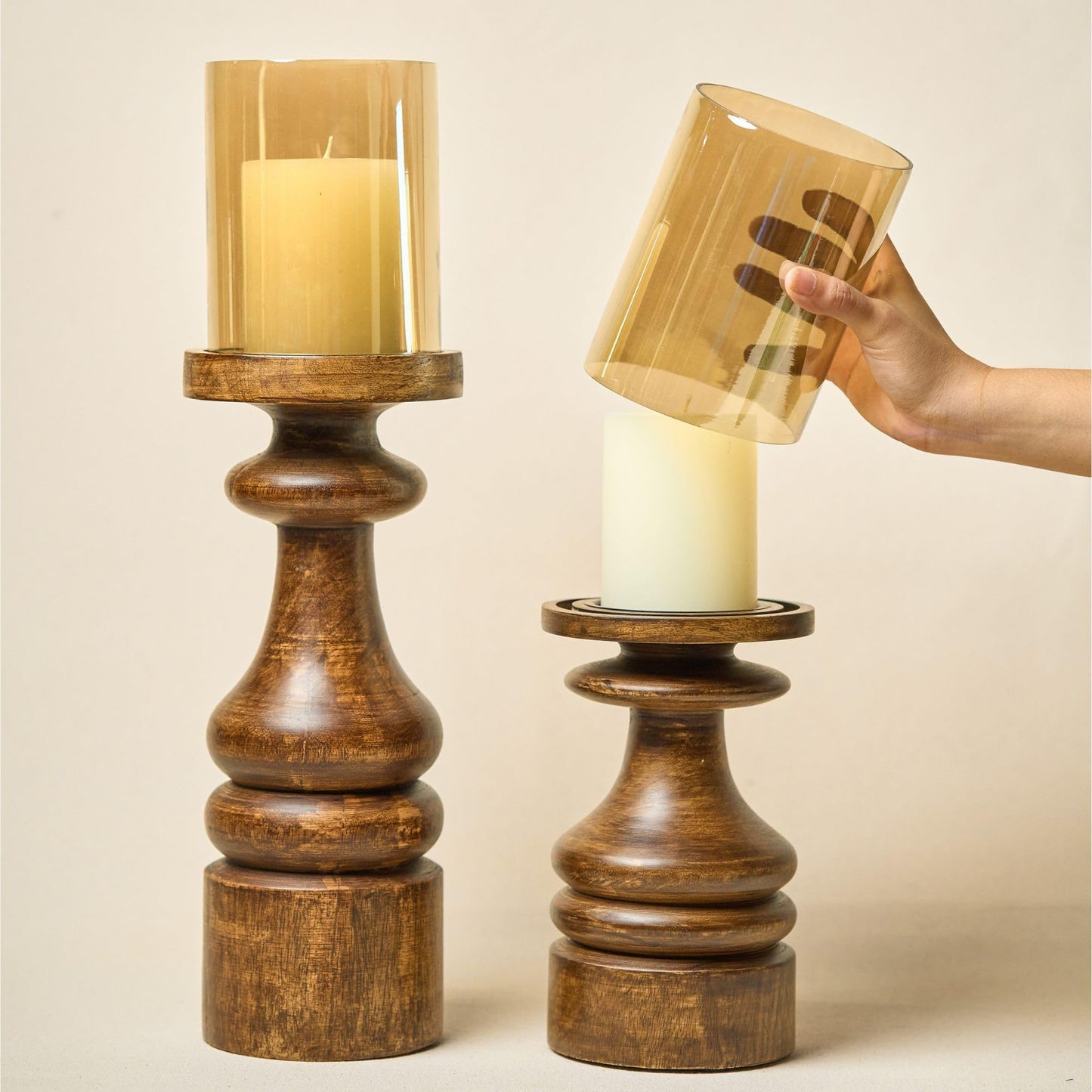 Dreamy Walls Wood Candle Holders Set of 2 Farmhouse Boho Pillar Candle Stands with Glass Covers Handmade Wooden Table Centerpiece Decor (Gift Box - with 2 Candles)