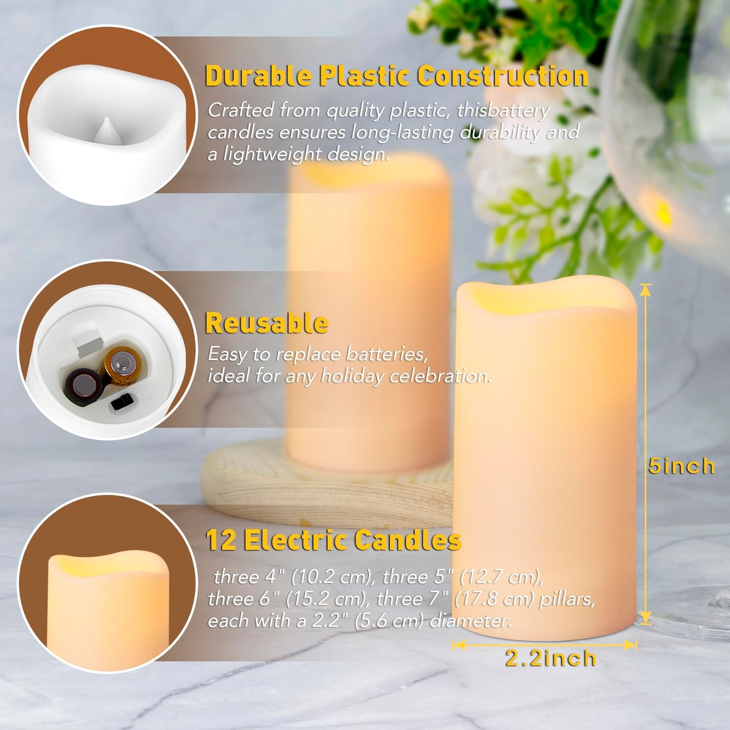 Metaku Flameless Flickering Candles Battery Operated LED Candles Set of 12 Ivory with Remote & Timer for Halloween, Christmas, Bedroom, Home, Wedding, Birthday Decoration D2.2'' x H4''5''6''7"