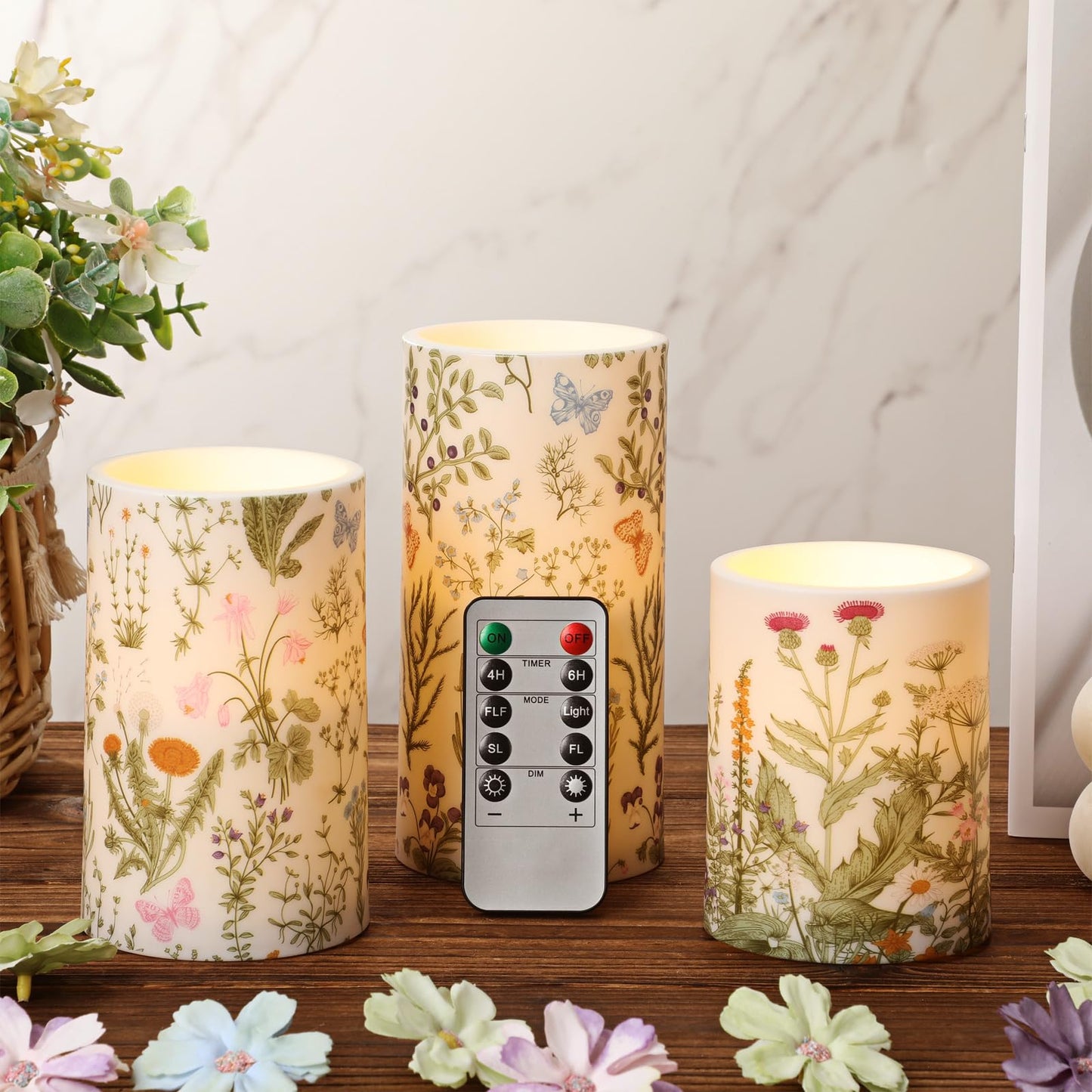 Baquler Wildflowers Floral Glass Flameless Candles with Remote Timer Battery Operated LED Flickering Pillar Spring Summer Butterfly Dinner Holiday Decor