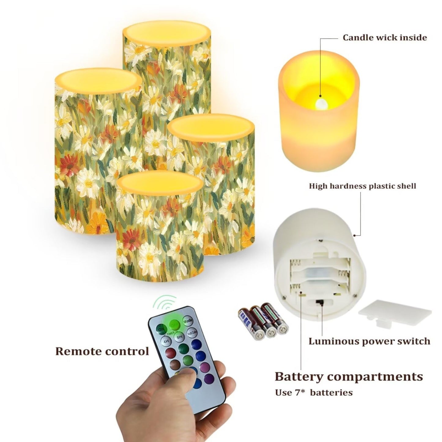 Cozeyat Daisy Garden LED Candles Set of 4 Battery Powered Flameless with Remote Timer Flickering Waterproof for Table Beach Home Decoration Wedding Decor