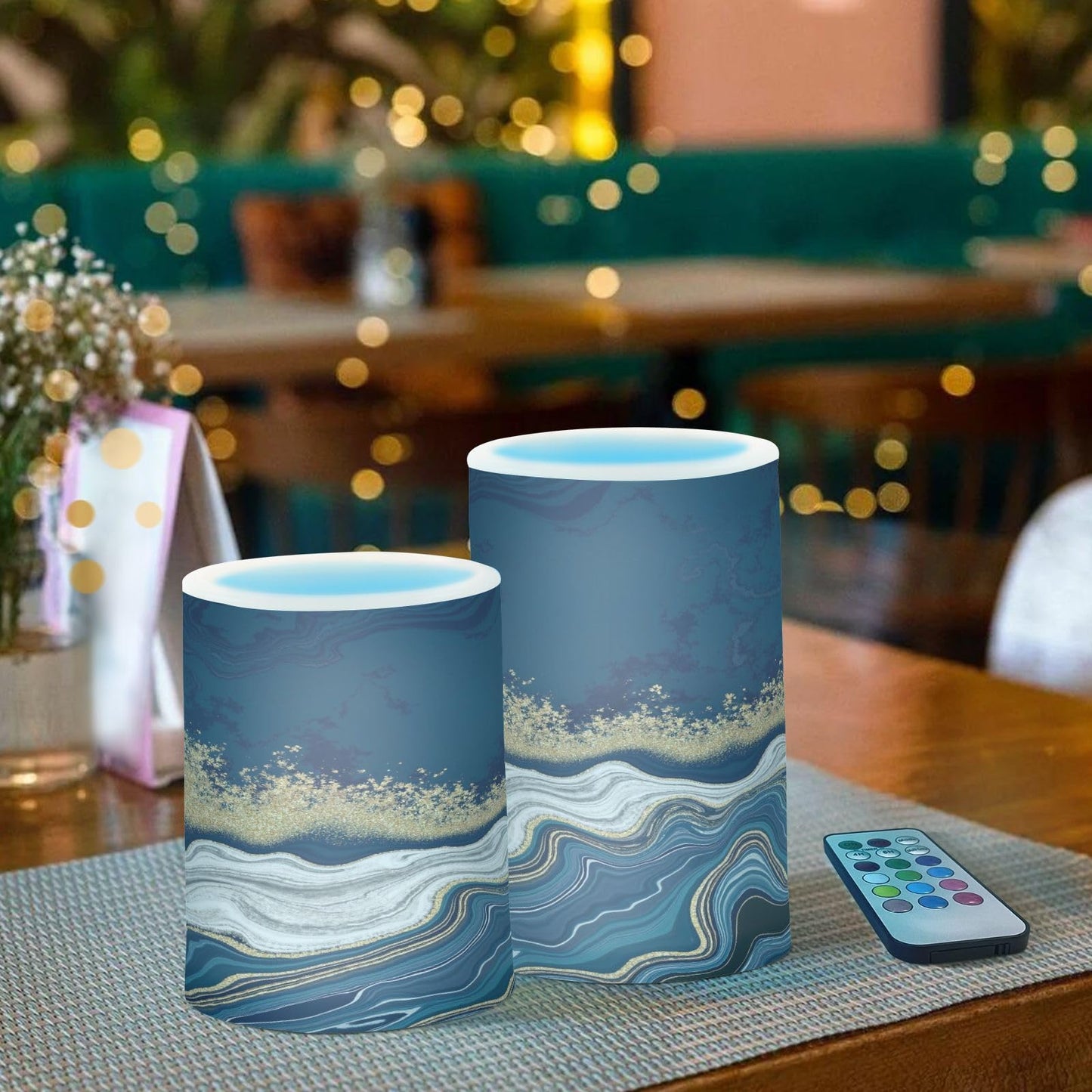 BOENLE Flickering Flameless Candles, Navy Blue Marble Golden Veins LED Candles with Remote Timer, Set of 2 Battery Operated Candle for Valentine Wedding Birthday
