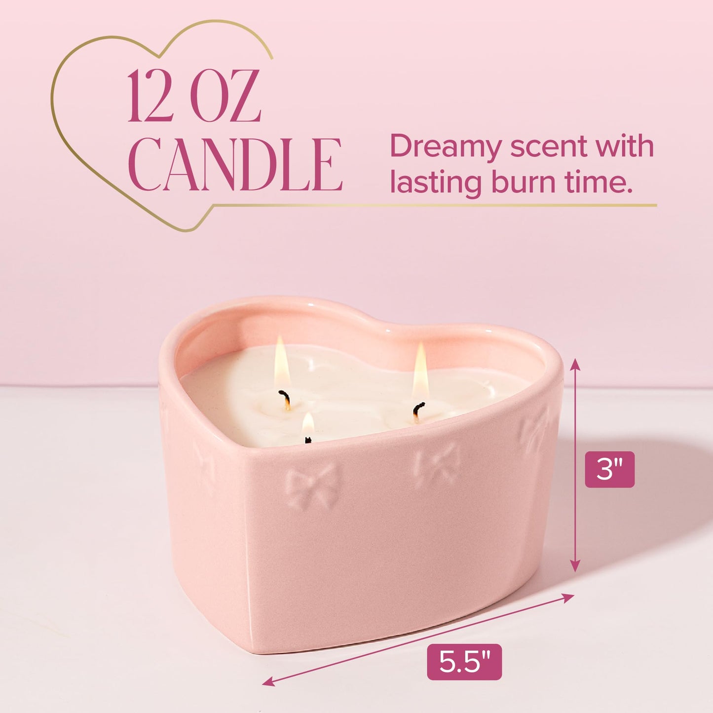 Paris Hilton Cashmere Coast Scented Candle, Pink Heart-Shaped Ceramic Vessel with Embossed Bow Detail, Premium Plant Wax Blend, 3-Wicks, 12-Ounce