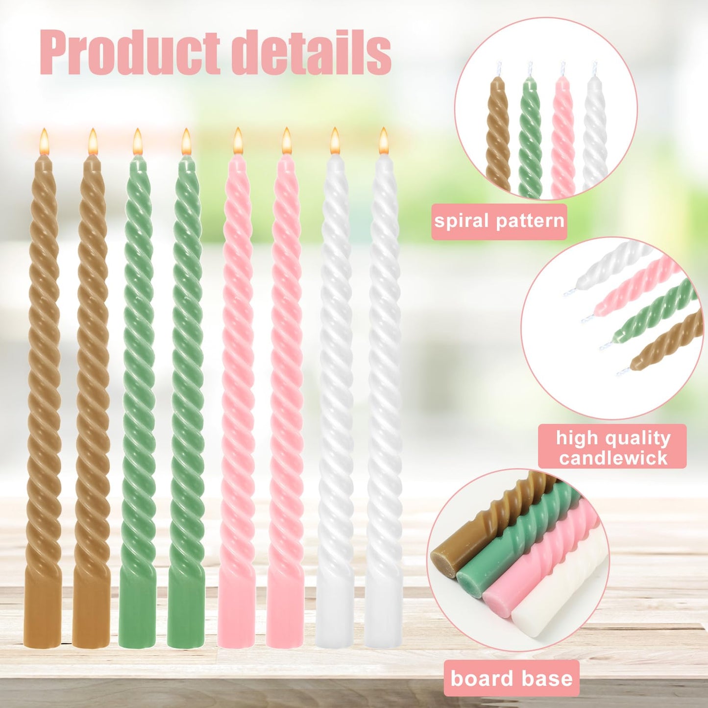 Whaline 8Pcs 10 Inch Christmas Pink and Green Spiral Taper Candles Dripless Twisted Wax Candles Long Unscented Candle Sticks for Home Party Dining Table Decor (Pink, Green, White, Gold)