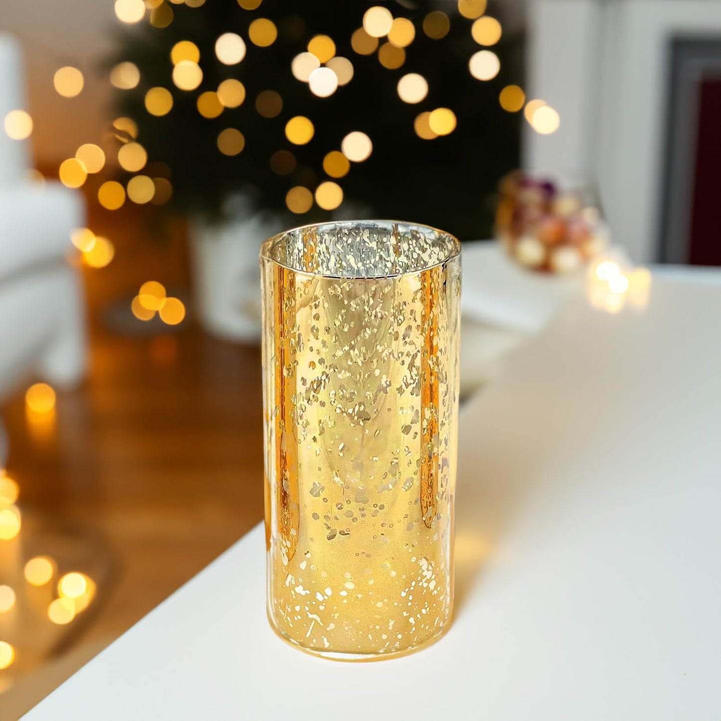 WGVI Hurricane Candle Holder Sleeve, W: 4", Ht: 8", Gold Speckled Glass Cylinder Open Both Ends, Chimney Tube Shade, 1 Piece