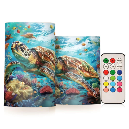 WEVIBOFU Sea Turtles Ocean Coral Reefs Fish Flickering Flameless Candles LED Battery Operated with Remote Timer Pillar Candles for Home Birthday Wedding Christmas Decor, Set of 2