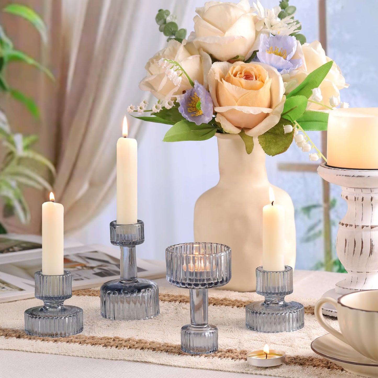 Candlestick Holders Bulk, 6 Pcs Blue Combination Candle Holders Set, Crystal Candle Holders for Wedding, Table Centerpiece, Home Decoration
