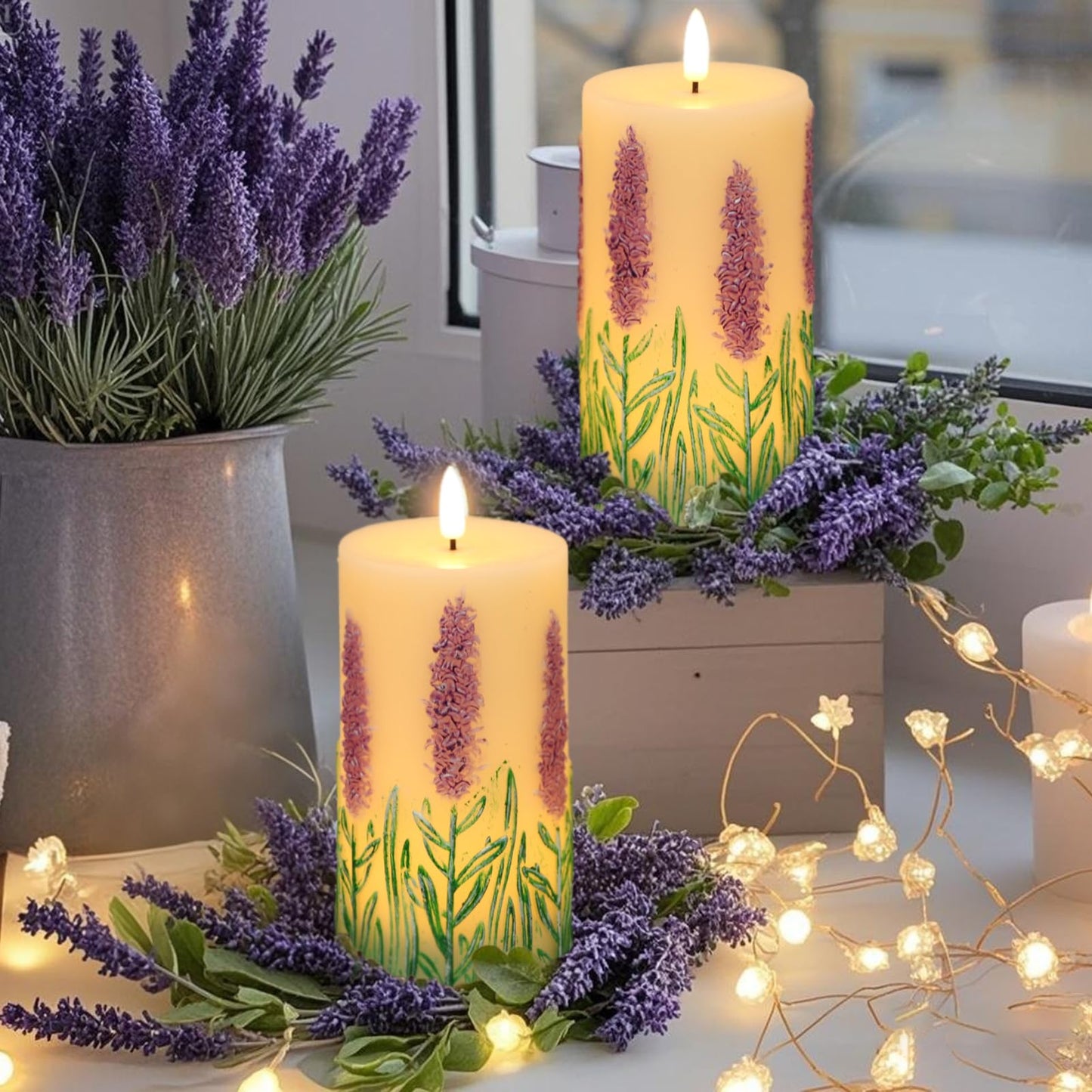 Eldnacele Lavender Flameless Candles with 6 Hour Timer, Battery Operated Hand Painted 3D Wick Flickering Real Wax LED Pillar Candles for Spring Dinner Christmas Holiday Decor((2Pcs, D3×H6.5)
