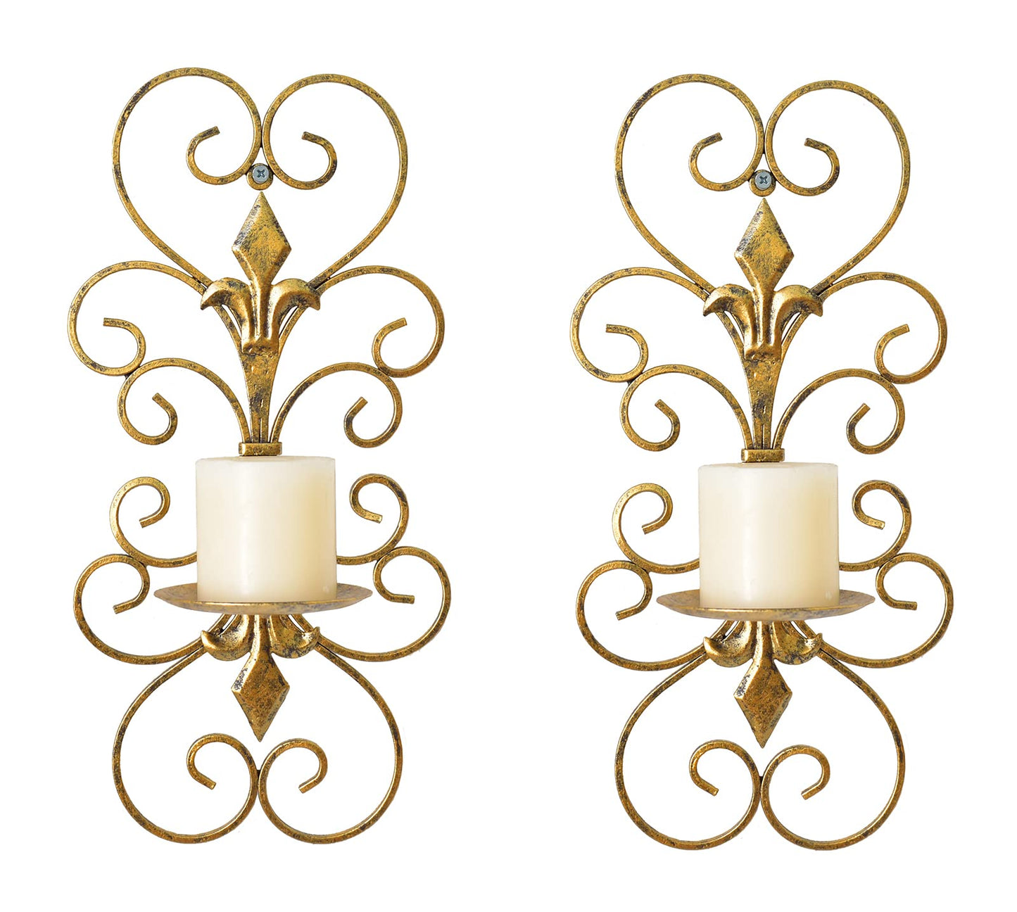 JUCONSIN Set of 2 Wall Sconces Candle Holders Metal Wall Decoration Hanging Wall Mounted Candle Sconces for Home Decor Bedroom Dining Room, Antique Gold