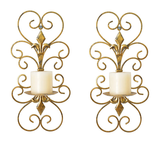 JUCONSIN Set of 2 Wall Sconces Candle Holders Metal Wall Decoration Hanging Wall Mounted Candle Sconces for Home Decor Bedroom Dining Room, Antique Gold