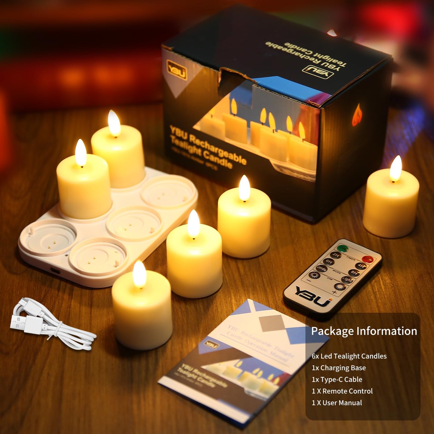 YBU Rechargeable Flameless Tea Light Candles, Realistic Flickering LED with Remote & Timer, 100+ Hours, USB Charging Base, Safe for Home Wedding Decor (6-Pack, Amber)
