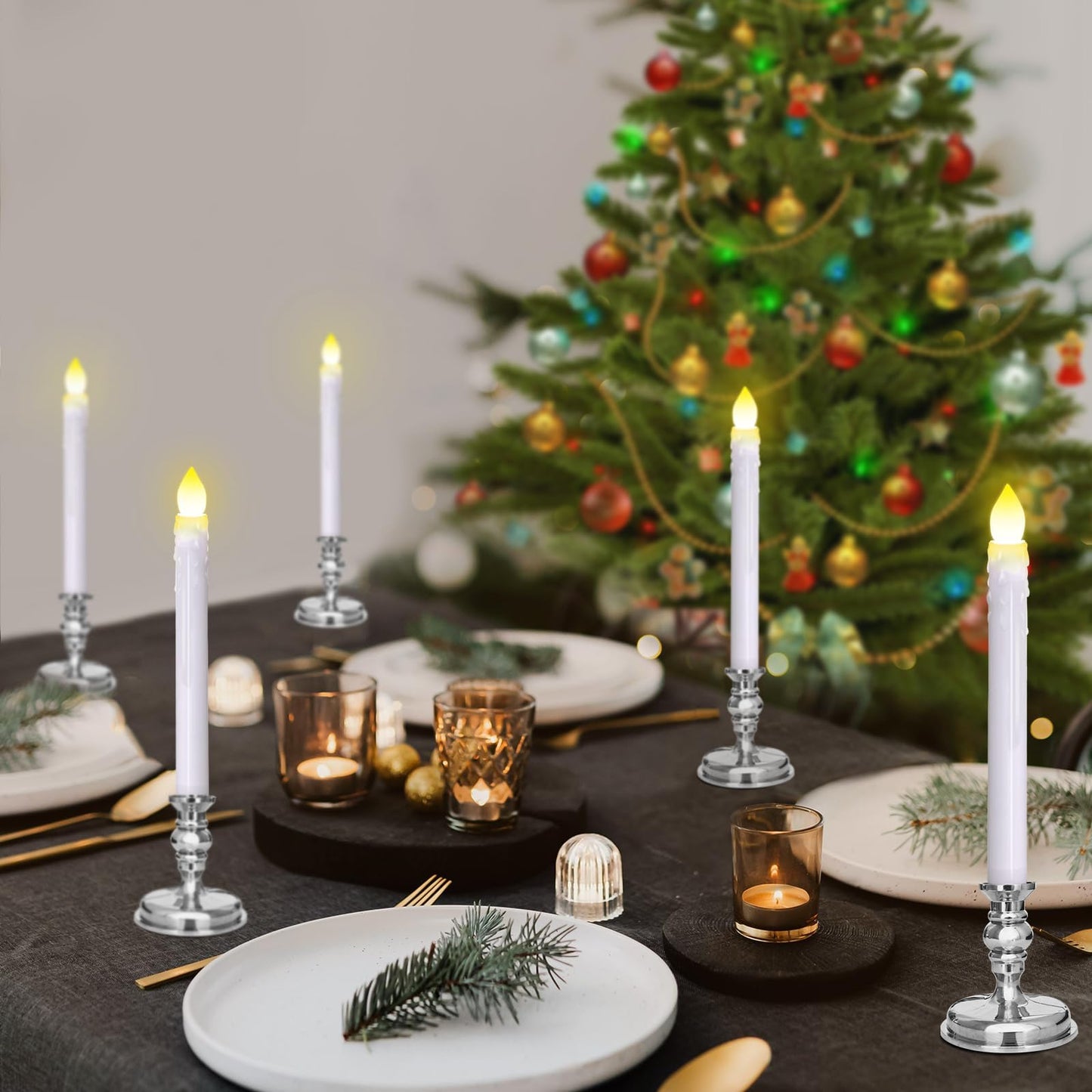 Flameless Candles 10 Pack Battery Operated Window Candles with Drip Texture,Remote Timer,10 Removable Candle Holders,10 Suction Cups,20 AAA Batteries for Home Decor Christmas Wedding (Sliver)