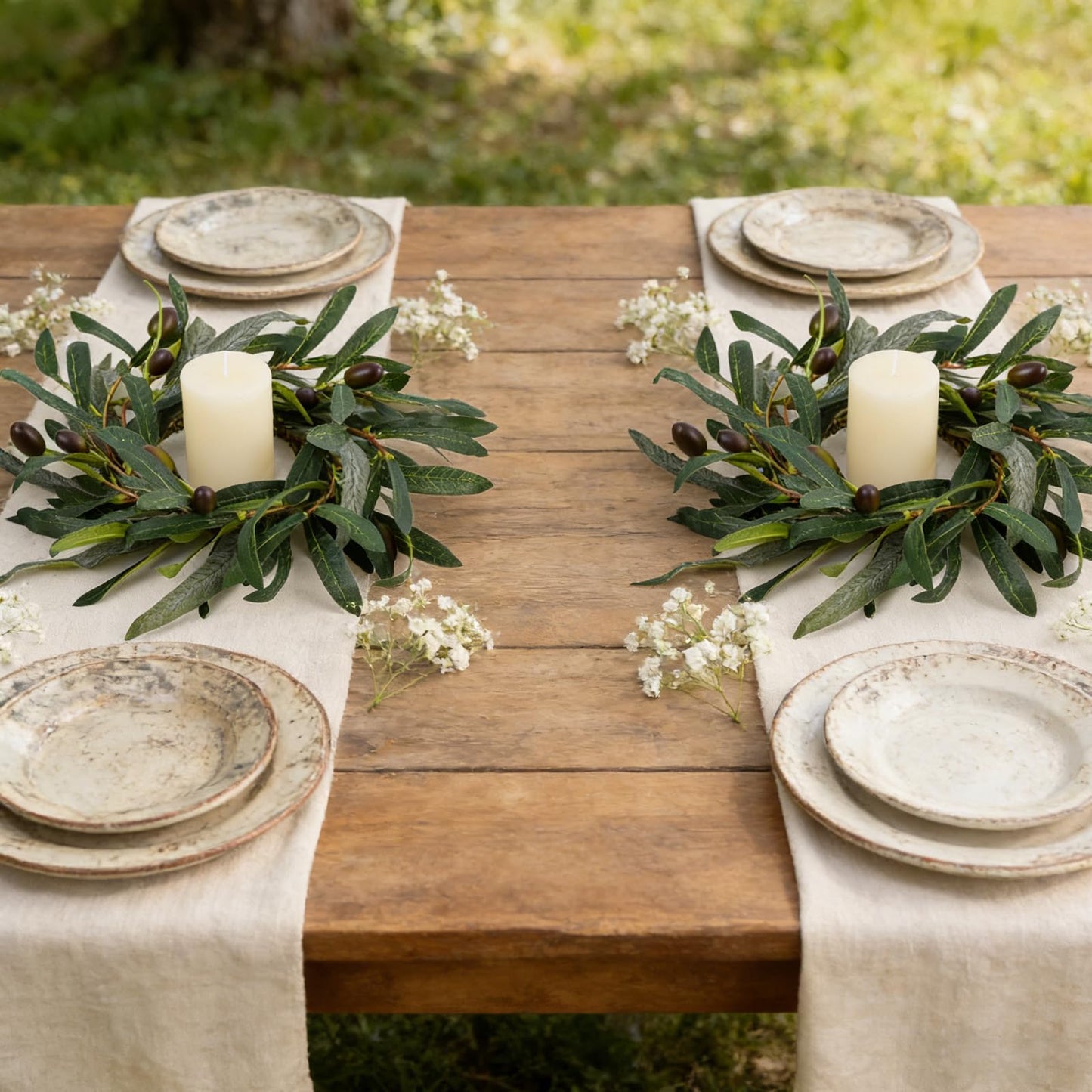 4 Pcs Artificial Green Olive Candle Rings Wreaths Greenery Wreath with Olive Leaves Spring Summer Kitchen Cabinet Wreath for Pillars Farmhouse Festival Wedding Celebrations Tabletop Decoration