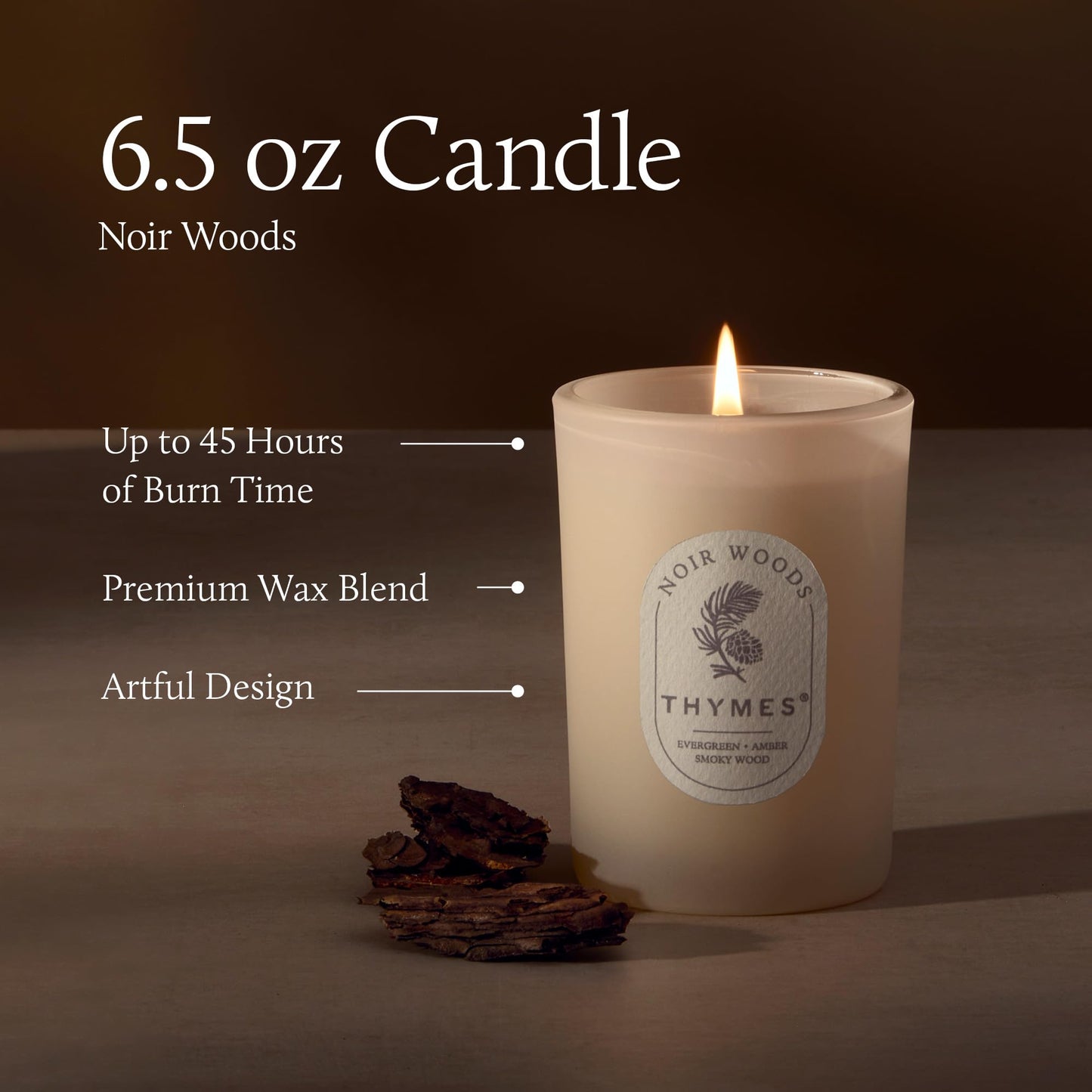 Thymes Noir Woods Scented Candles for Home Decor – Notes of Fresh Evergreen, Smoky Wood & Golden Amber – Luxury Home Fragrance Gifts for Women & Men – (Boxed Small Candle, 6.5 oz)