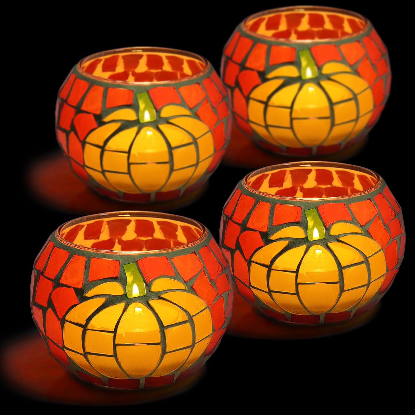 4 PCS Pumpkin Candle Holders, Fall Table Centerpiece Decorations, 100% Mosaic Glass Votive Tealight Candle Holders for Thanksgiving Halloween Indoor Outdoor Decor