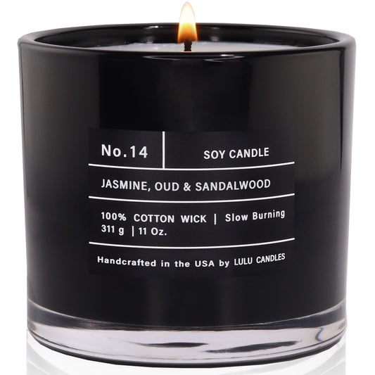 Lulu Candles | Jasmine, Oud & Sandalwood | Luxury Scented Soy Jar Candle | Hand Poured in The USA | Highly Scented & Long Lasting (11 Oz.)