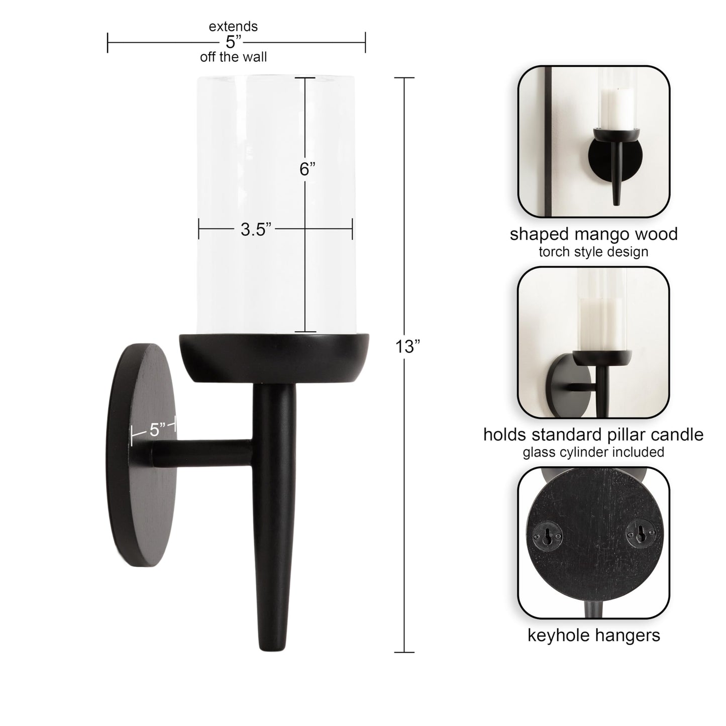 Kate and Laurel Shae Transitional Wooden Wall Sconce; 5 x 5 x 13; Black; Modern Candle Holder with Removable Glass Cylinder for Flameless Pillar Candles in Bedroom or Entryway
