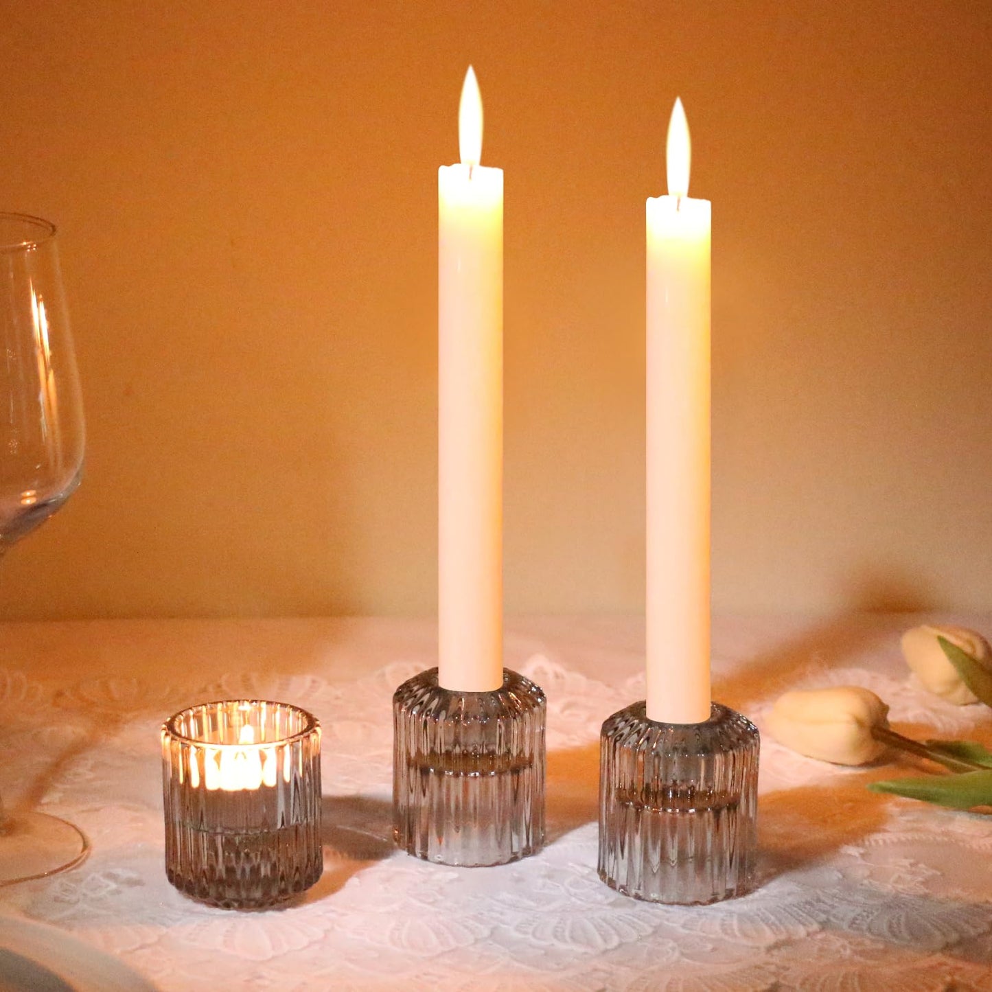 CHOCSTAY Reversible Gray Glass Candle Holder Set of 6, Thick Heat-Resistant Glass Candlestick Holders for Taper, Tealight, Votive, LED Candles, Perfect for Wedding, Party, Home Décor