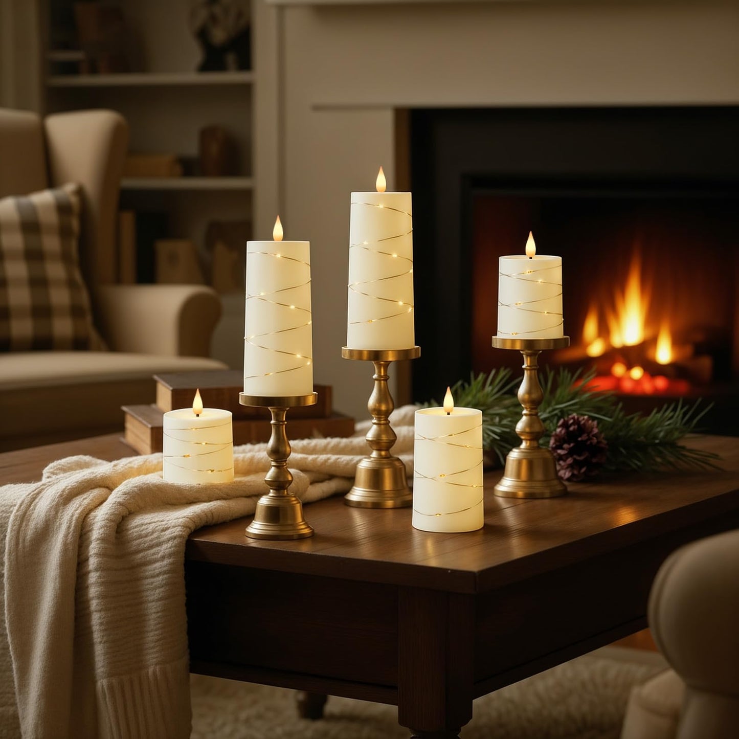 Raycare Flameless Candles with Remote Timer, Flickering Battery Operated LED Pillar Fake Candle with String Lights for Home Decor, Christmas, Wedding and Gift, Ivory, Set of 5