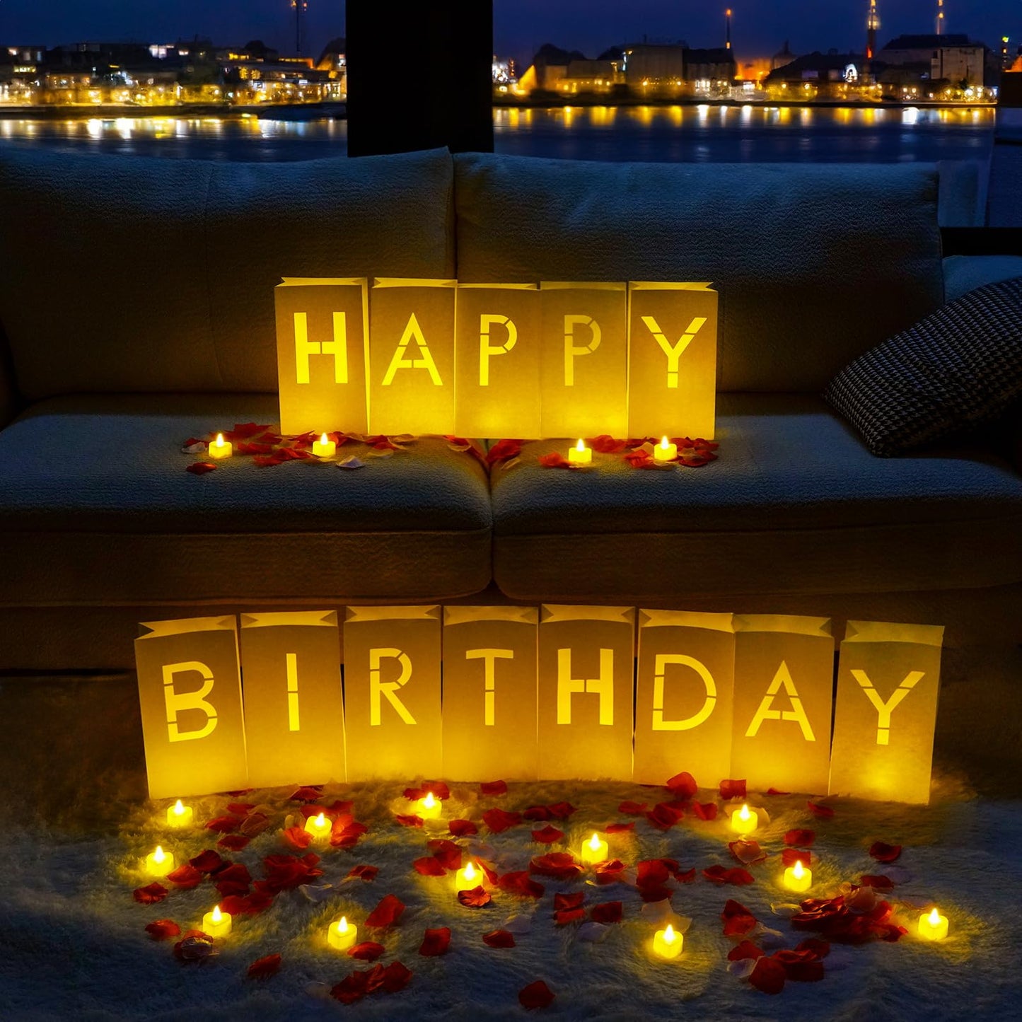 Homemory Happy Birthday Light Up Letters Luminary Bags with Flameless Candles and 2000 Fake Rose Petals, Happy Birthday Banner Sign Party Decoration for Women Men