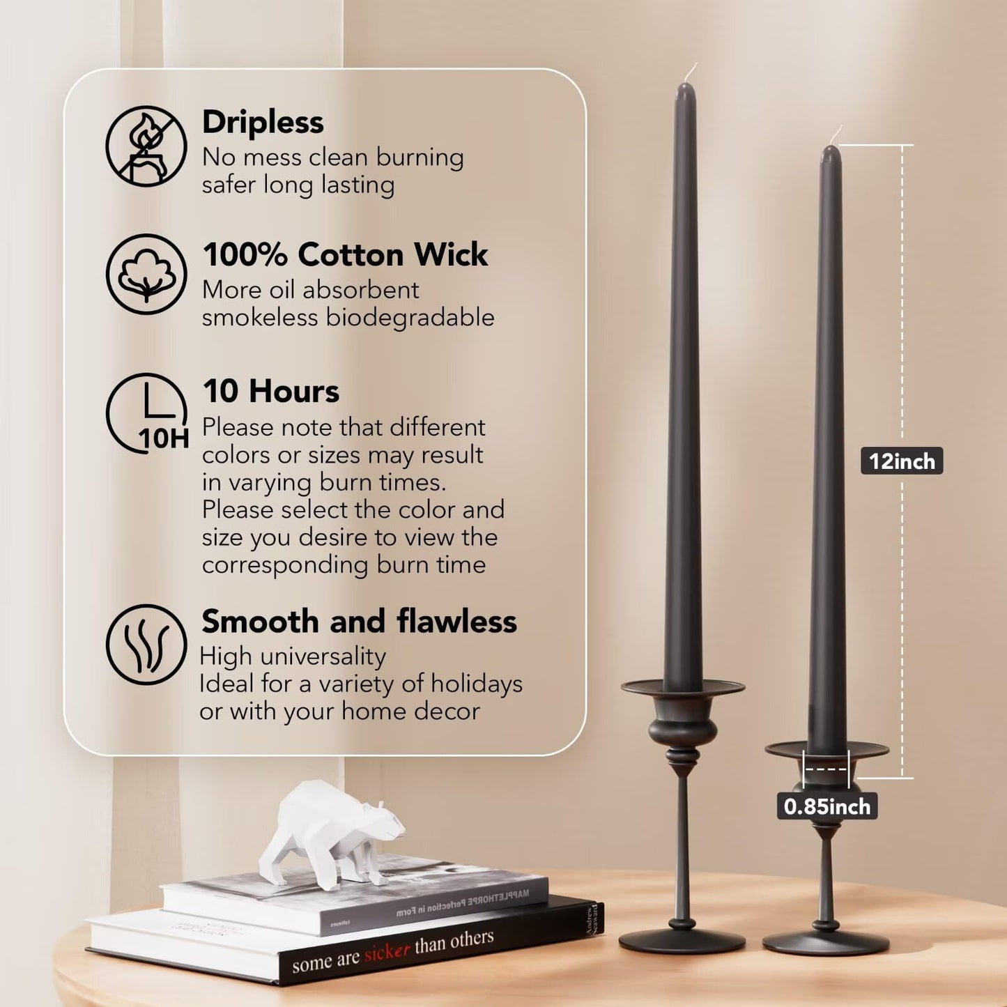 Pickood 12-Inch Tall Dripless Taper Candles Set of 4 - Black Gray Tapered Candles, Perfect for Spring - Smokeless, Unscented, Long Burning - Hand Poured, Colored Tall Candlesticks - Dark Gray