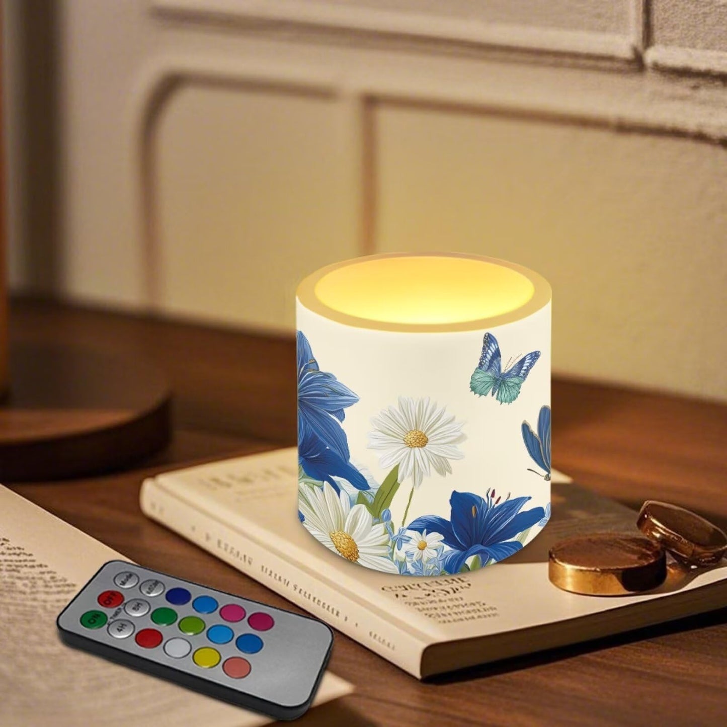 Cozeyat Blue Floral LED Flameless Candles Set of 4 Battery Powered with Remote Timer Flickering Flame Waterproof for Indoor Outdoor Home Decor