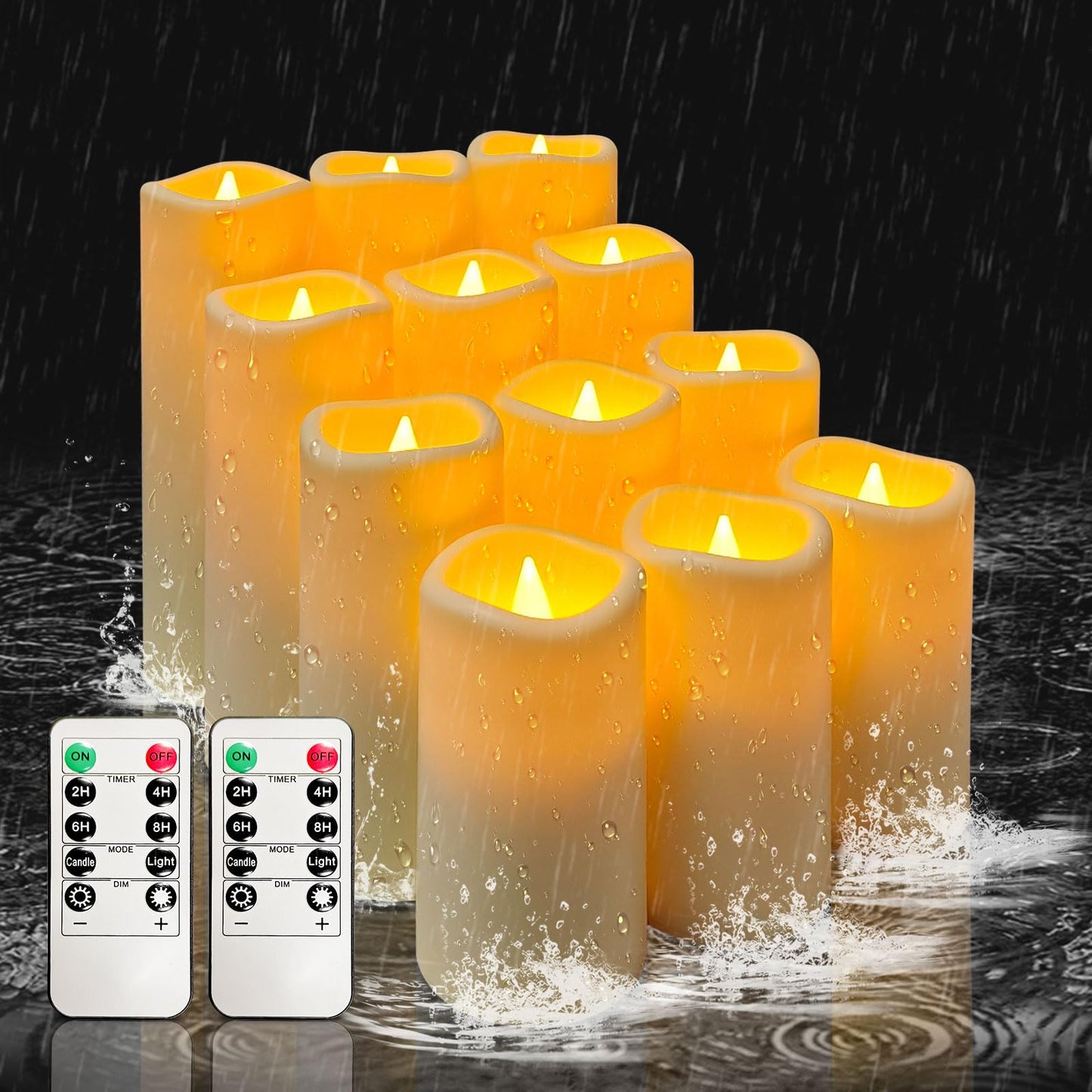 YIWER Waterproof Outdoor Flameless Candle, 12 Pcs Plastic Candles Pillars, 4" 5" 6" 7" LED Candles and 10-Key Remote Control with 2/4/6/8-hours Timer Function,300+ Hours (12, Ivory)