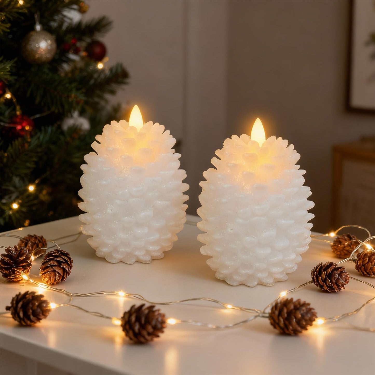 Eldnacele LED Pine Cone Candles with Remote Timer, Battery Operated Flameless Candles Unscented Wax Pinecone Candle White 2 Pack for Christmas Home Party Decoration