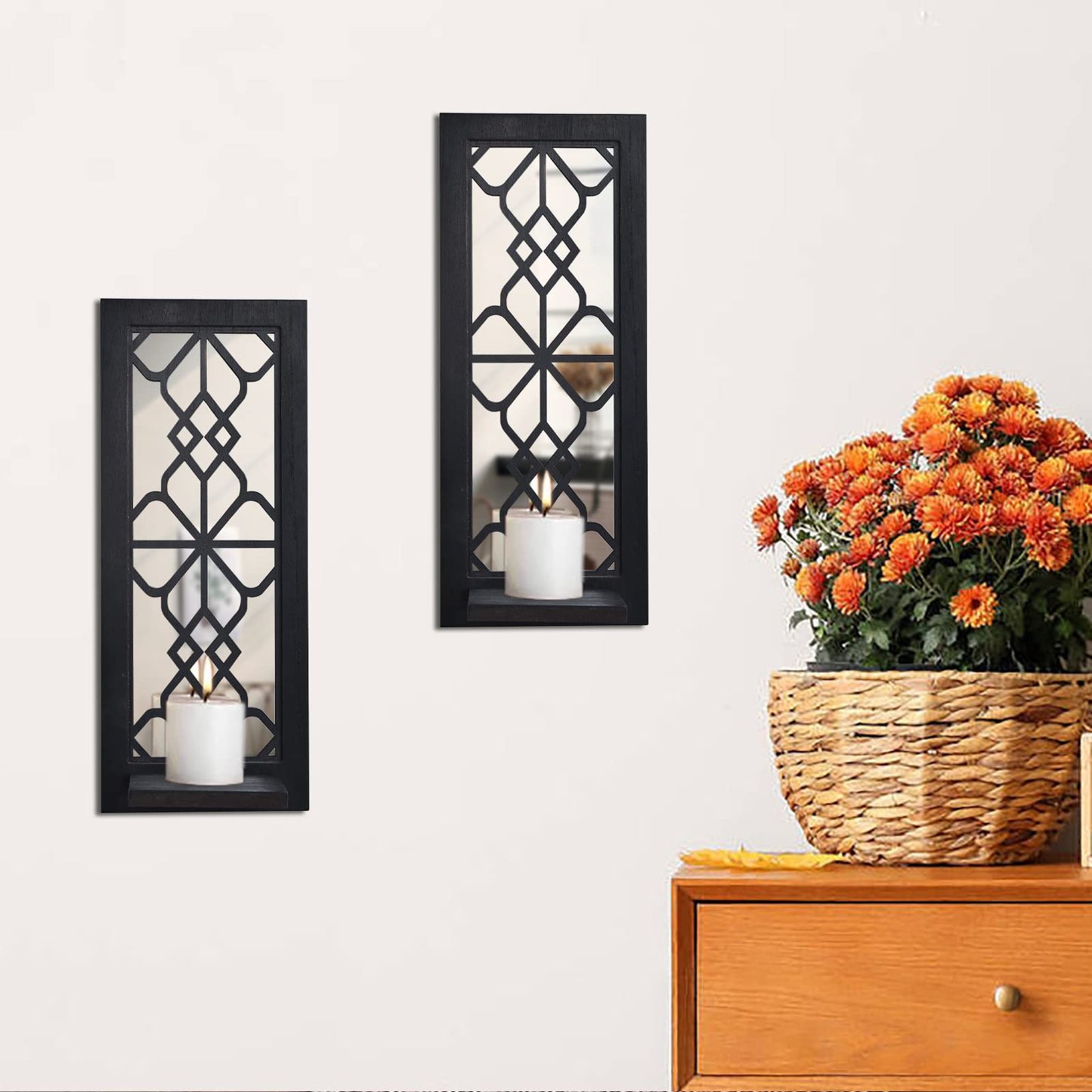 ZEXUIRU 2 Set Rustic Candle Sconces Living Room Bedroom Entryway Wood Mirrored, Farmhouse, Carved Frame Wall-Mount Wooden Candle Holders Wall Decor Hanging Handmade Holder - Black