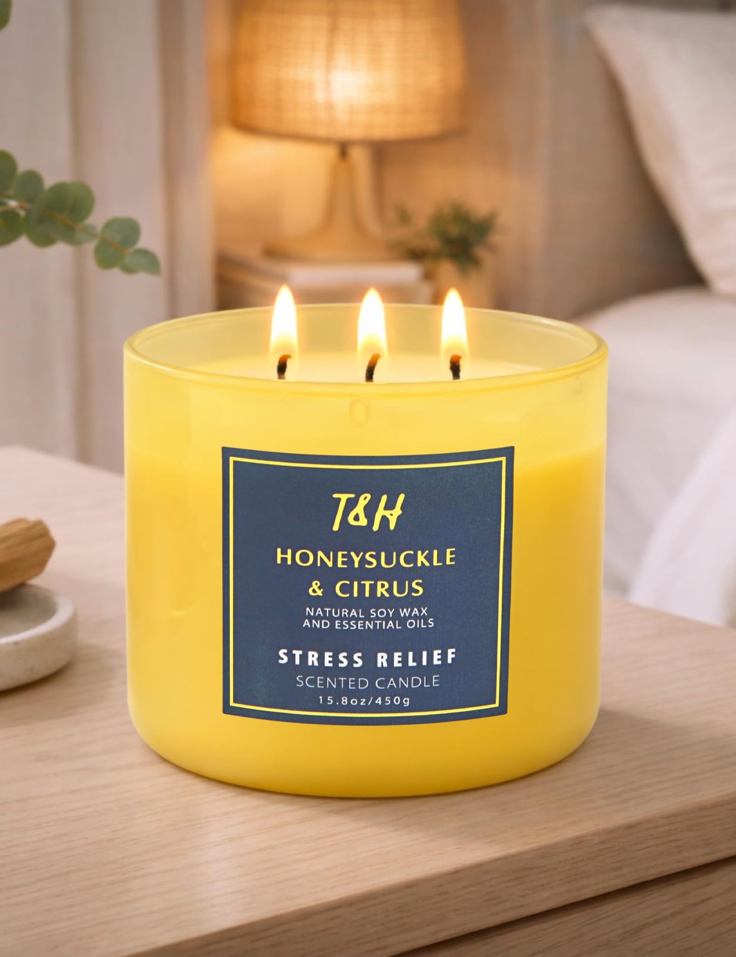 Honeysuckle Citrus 3-Wick Soy Candle | 15.8 oz Large Scented Candle for Home | Clean Burn Long Lasting | Fresh Floral Citrus Scent | Gift Ready