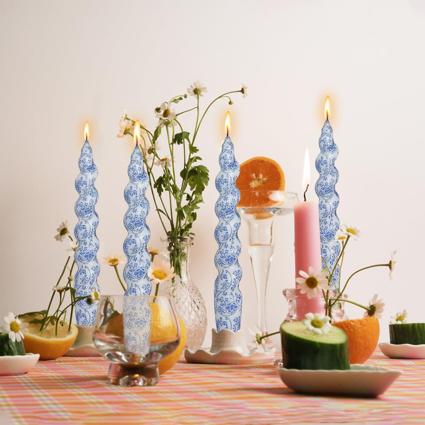 Spiral Taper Candles, 7.5 Inch Blue Floral Printed Twisted Candlesticks, Smokeless Handmade Short Candles for Wedding Dinner Home Party Decor, 4 Pack