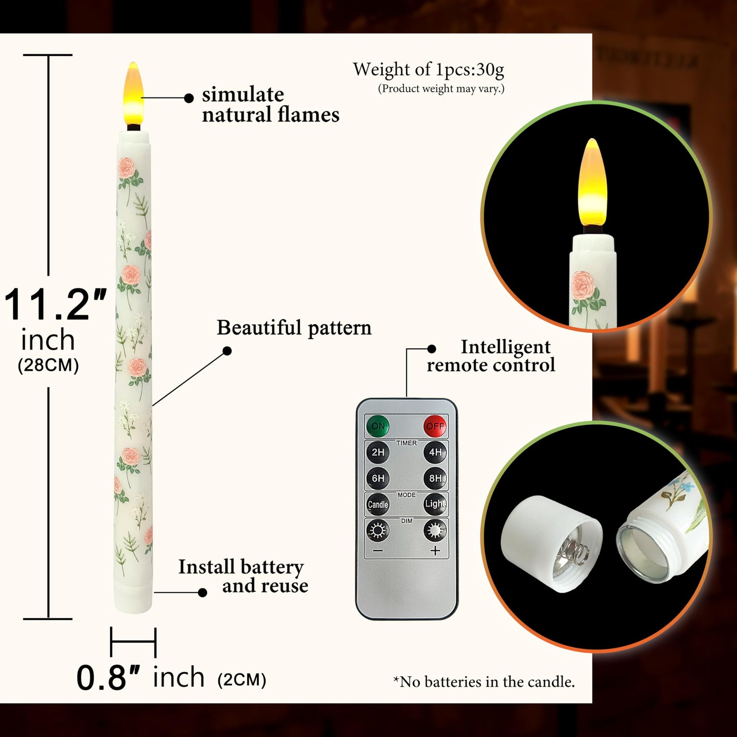 FCMSHAMD 6PCS Floral Flameless Taper Candles, 11 Inch LED Candlesticks Battery Operated with 11-Key Remote and Timer, 3D Flickering Flame Lights for Wedding Party Home Decor Gifts