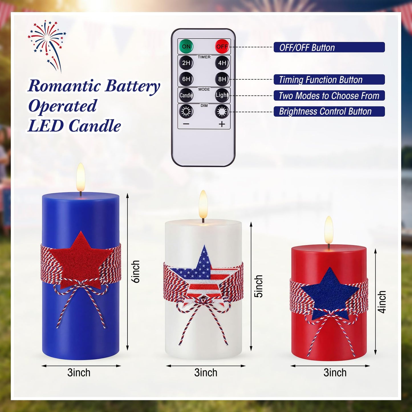 4th of July 4" 5" 6" Flameless Pillar Candles with Remote, Set of 3 Patriotic Red White Blue Battery Operated LED Candle with Star Felt, Independence Day Decorations for Home Party Table Fireplace