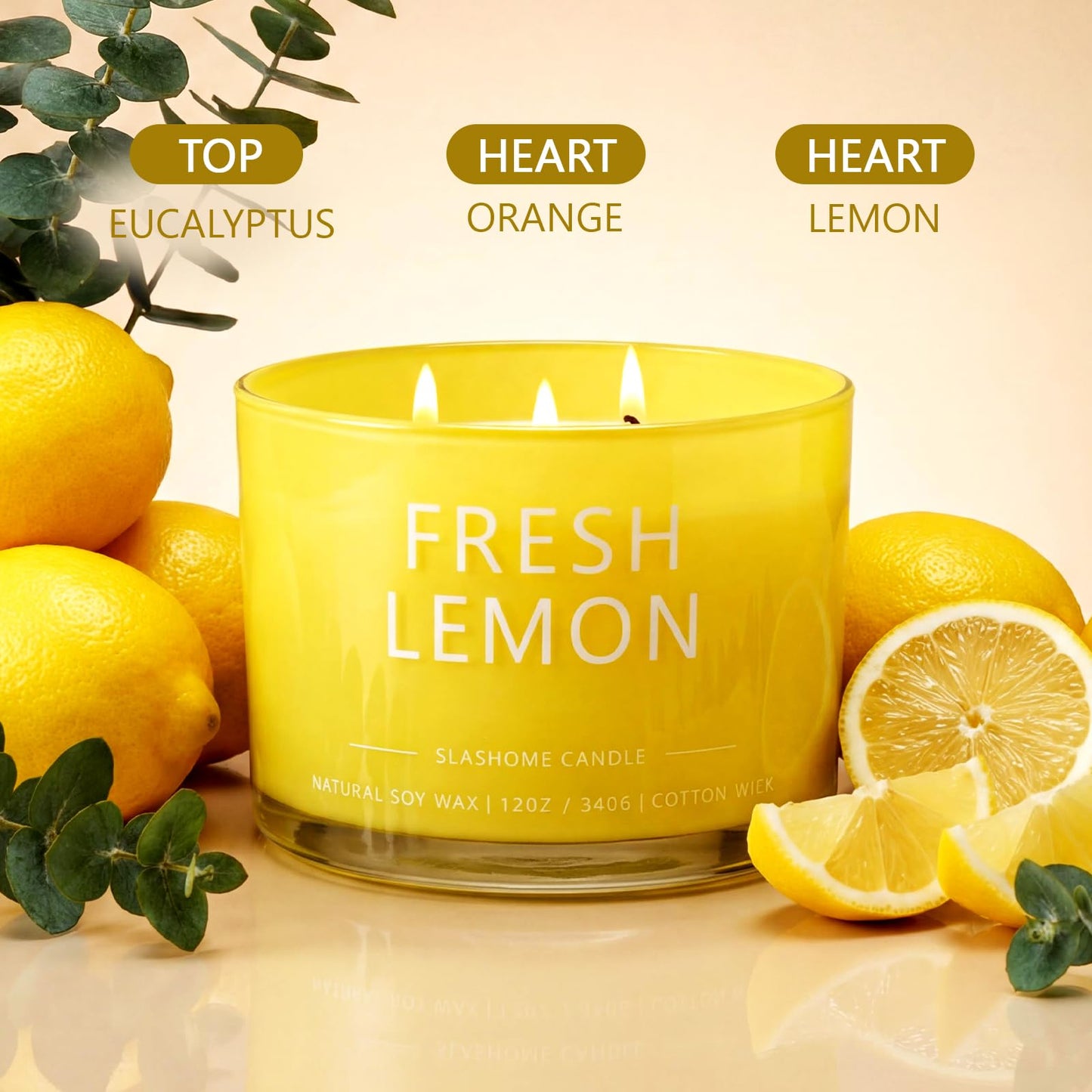 Fresh Lemon Scented Candle, Luxury Large 3 Wick Soy Candle 12 Oz, 60+ Hour Long Lasting Clean Burn, Elegant Aromatherapy Home Decor, Housewarming & Birthday Gift for Men & Women