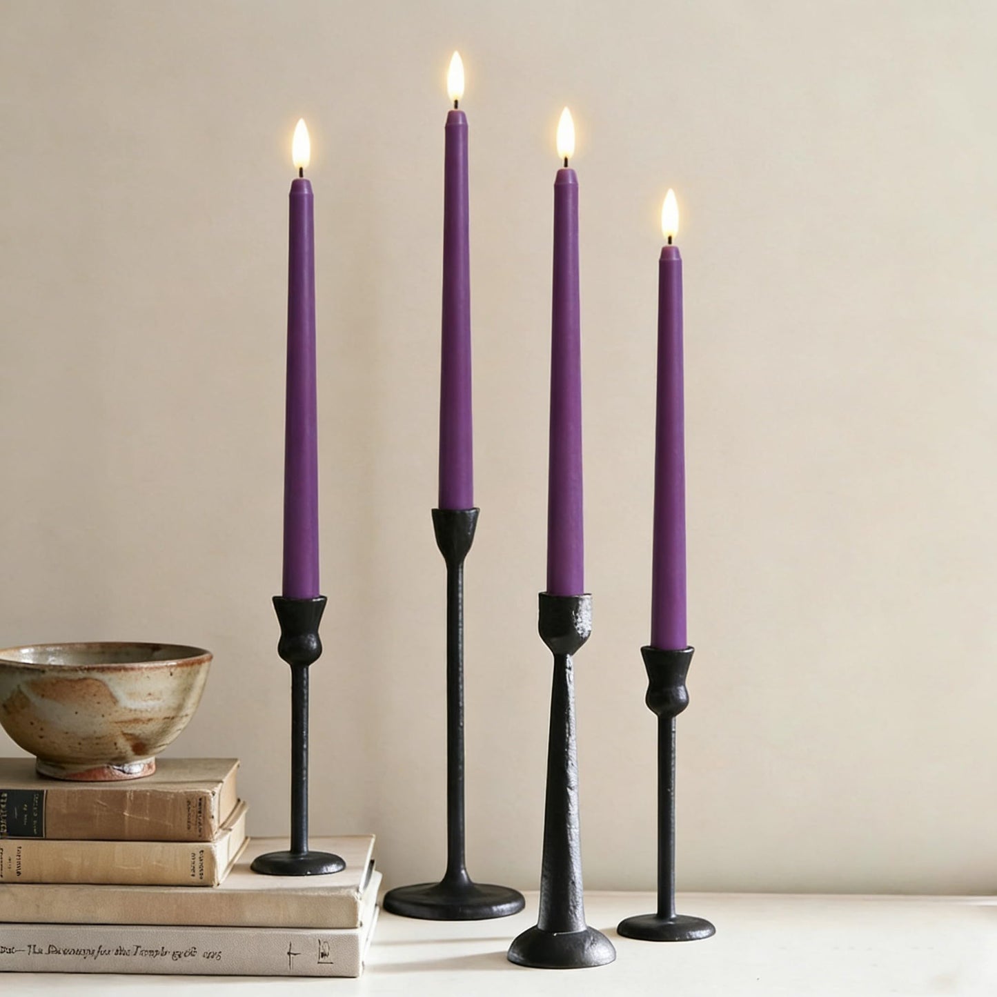 Ni-JASW Purple Flameless Taper Candles with Remote, Battery Powered LED Candlesticks Flickering Home Decor Set of 4
