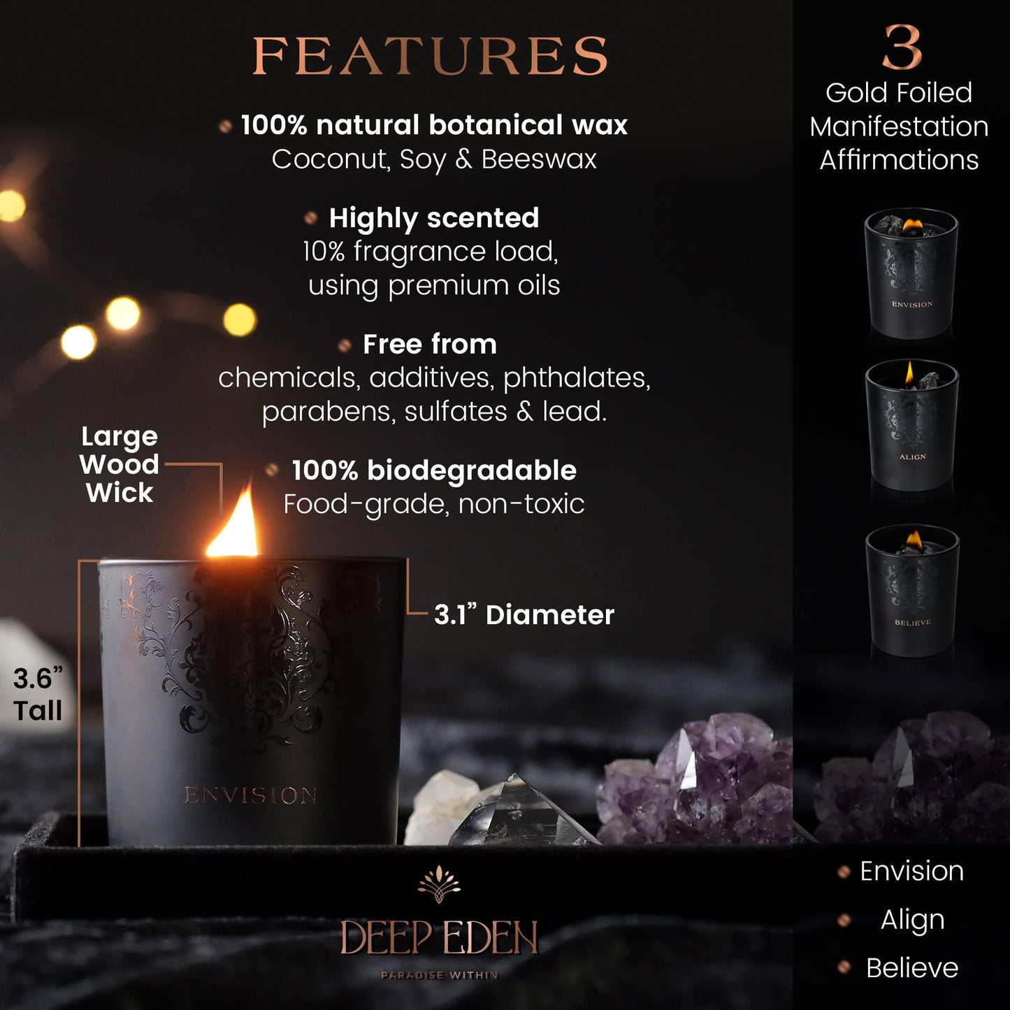 Black Orchid & Pine Moss Scented Crystal Candle - Luxury Manifestation Candle with Smoky Quartz and Clear Quartz Crystals - 7.4oz Natural Soy, Coconut & Beeswax, Wood Wick