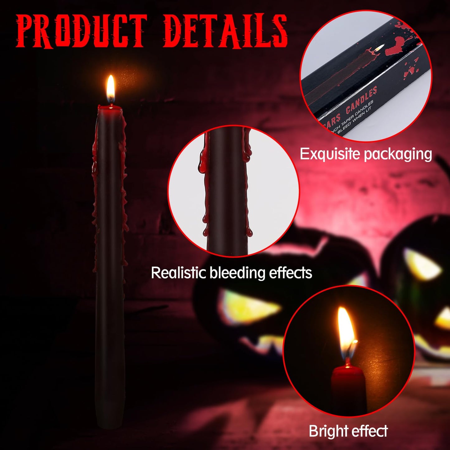 Set of 4 Halloween Bleeding Taper Candles 10 inch Black Taper Candles,Tears Taper Candle for Gothic Halloween Decoration