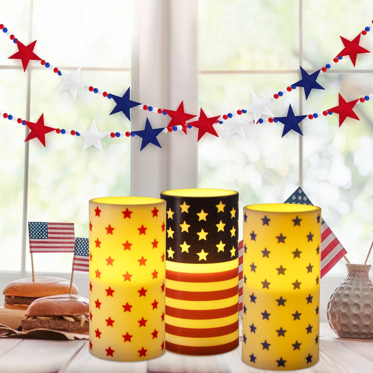 ONEIHOMM 4th of July Candles Battery Operated with Timer Remote Control for American Independence Day Decorations,250th Anniversary USA Patriotic Red White and Blue Candle