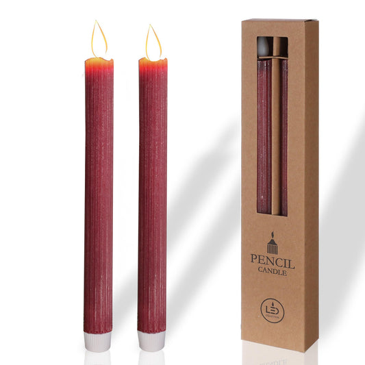 comforder Flameless Taper Candles – Flickering LED Flame with 6H Timer – Real Wax, Ribbed Design – Battery Operated Set of 2 – 10" Tall (Burgundy Red)
