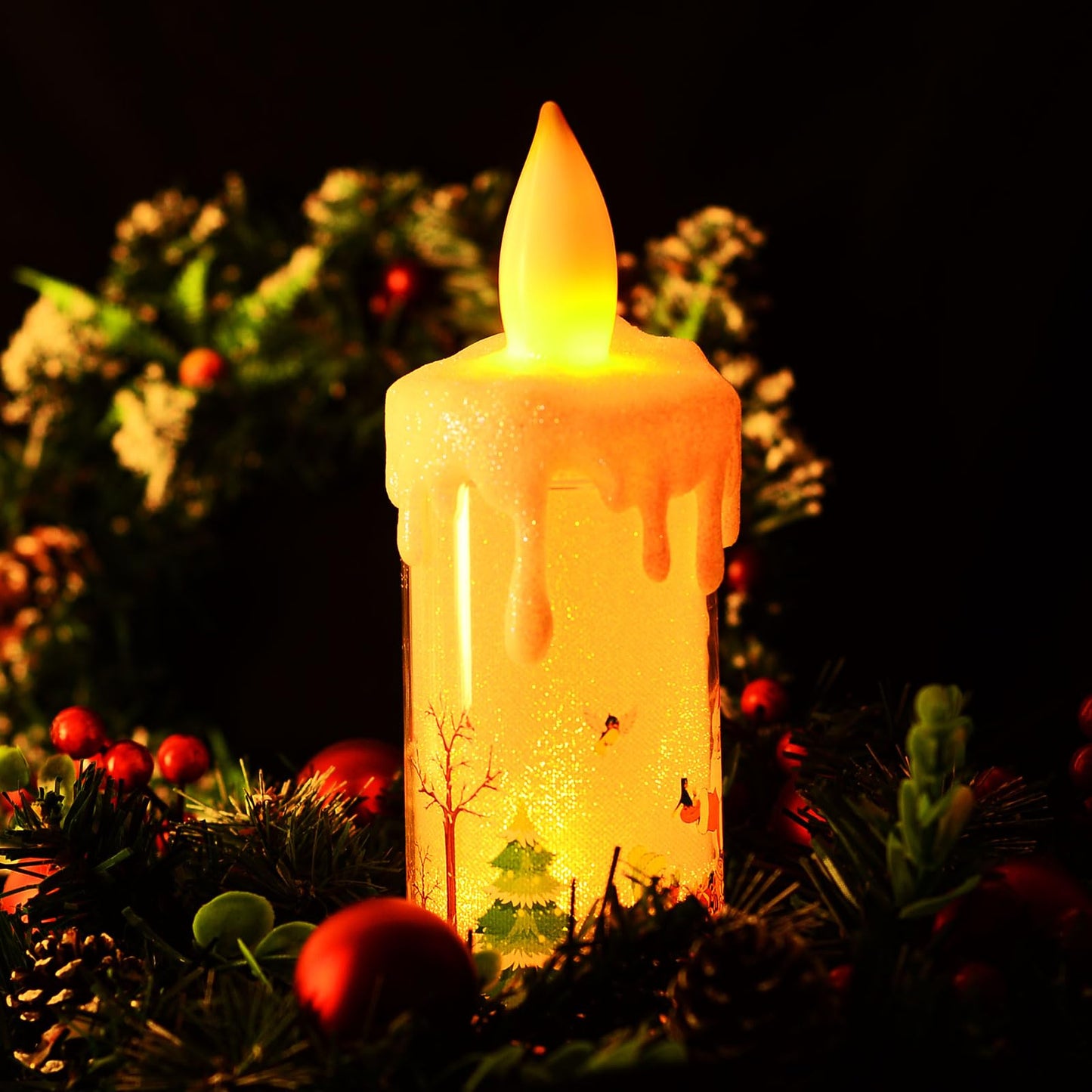 SWEETIME Snow Globe LED Flameless Battery-Operated Sparkly Glitter 3D Fire Wick Flickering Flame Fake Crystal Santa Claus Candle Decor for Christmas Celebration Party