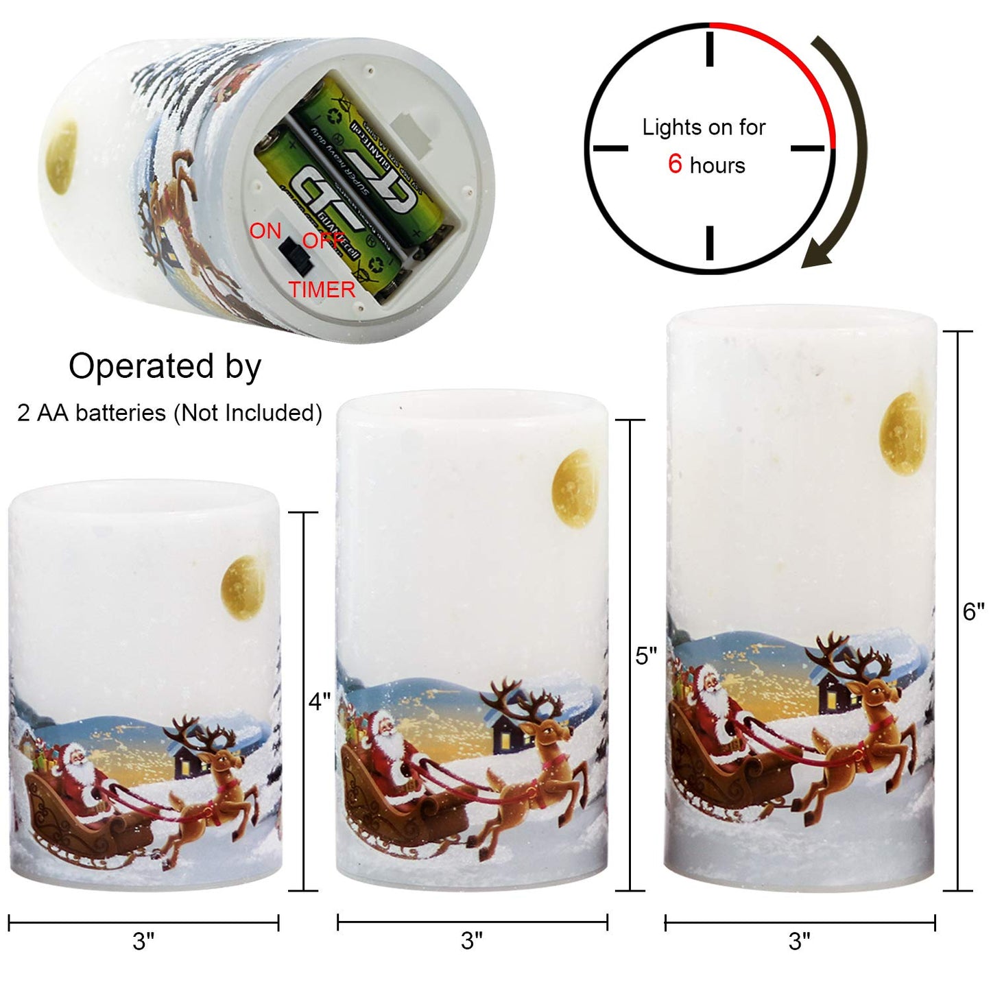 Eldnacele Christmas Flameless Candles with Timer, LED Flickering Battery Pillar Candles with 6H Timer and Santa Snowman Decals, Festival Winter Party Decoration Set of 3 (D 3” x H 4” 5” 6”) - Santa
