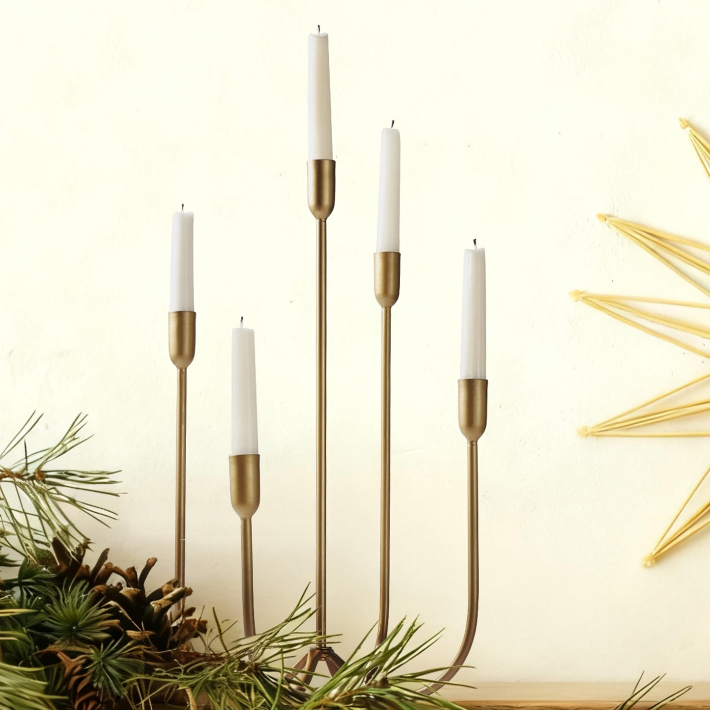 Perfnique 5-Candle Iron Candelabra, 17 Inch Antique Brass Gold Candle Holder, Hand-Forged Cast Gold Candle Holder for Wedding, Event, Christmas & Dining, Table Centerpiece Décor