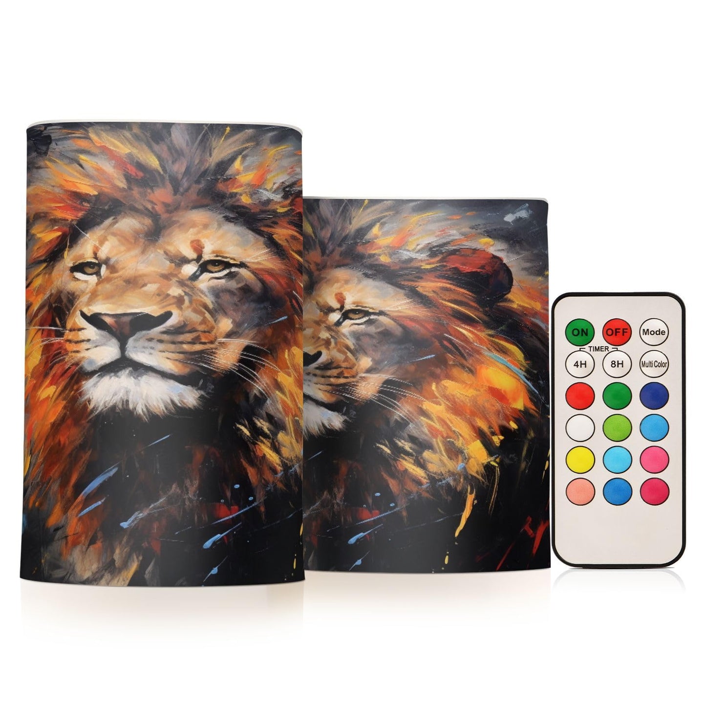 Lights Flameless Candles Painting Lion Pillar Candles Set of 2 Battery Operated Remote Control Warm Lights Home Decor