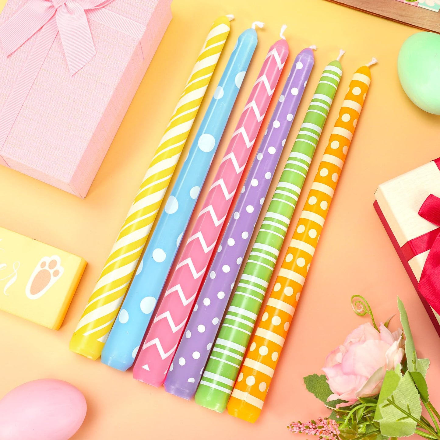 JarThenaAMCS 12Pcs Easter Dripless Taper Candles 10 Inch Long Unscented Candle Sticks Pastel Polka Dot Stripe Wavy Candle for Spring Wedding Anniversary Birthday Party Table Decoration
