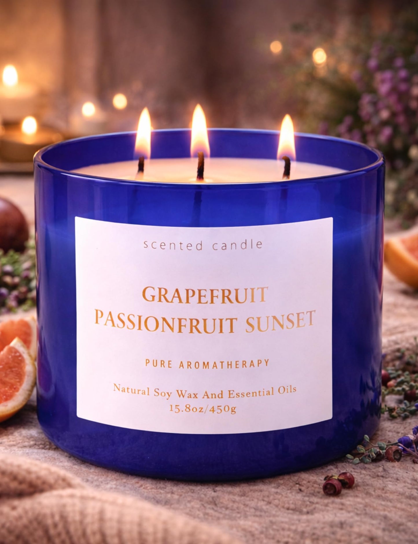 Grapefruit Passionfruit Sunset 3-Wick Soy Candle | 15.8 oz Large Scented Candle for Home | Clean Burn Long Lasting | Tropical Citrus Scent | Gift Ready